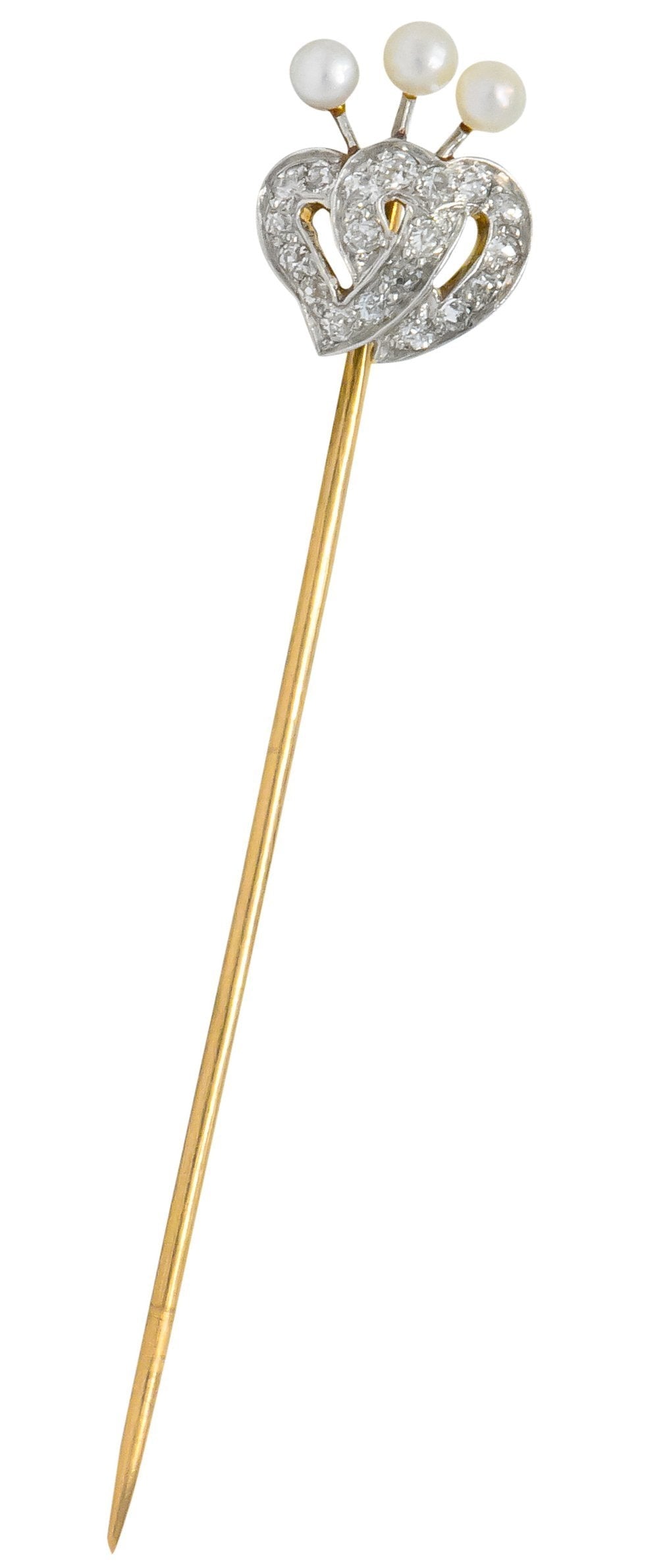 Edwardian Diamond Pearl Platinum-Topped 14 Karat Gold Double Heart Stickpin - Wilson's Estate Jewelry