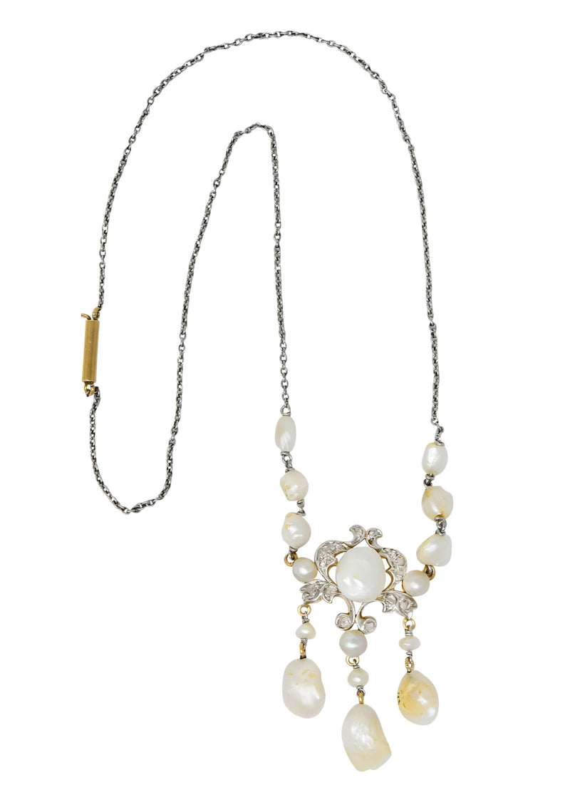 Edwardian Freshwater Natural Pearl Diamond Platinum-Topped 14 Karat Gold Drop Necklace - Wilson's Estate Jewelry