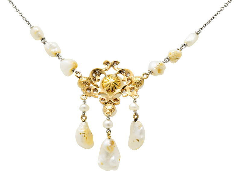 Edwardian Freshwater Natural Pearl Diamond Platinum-Topped 14 Karat Gold Drop Necklace - Wilson's Estate Jewelry