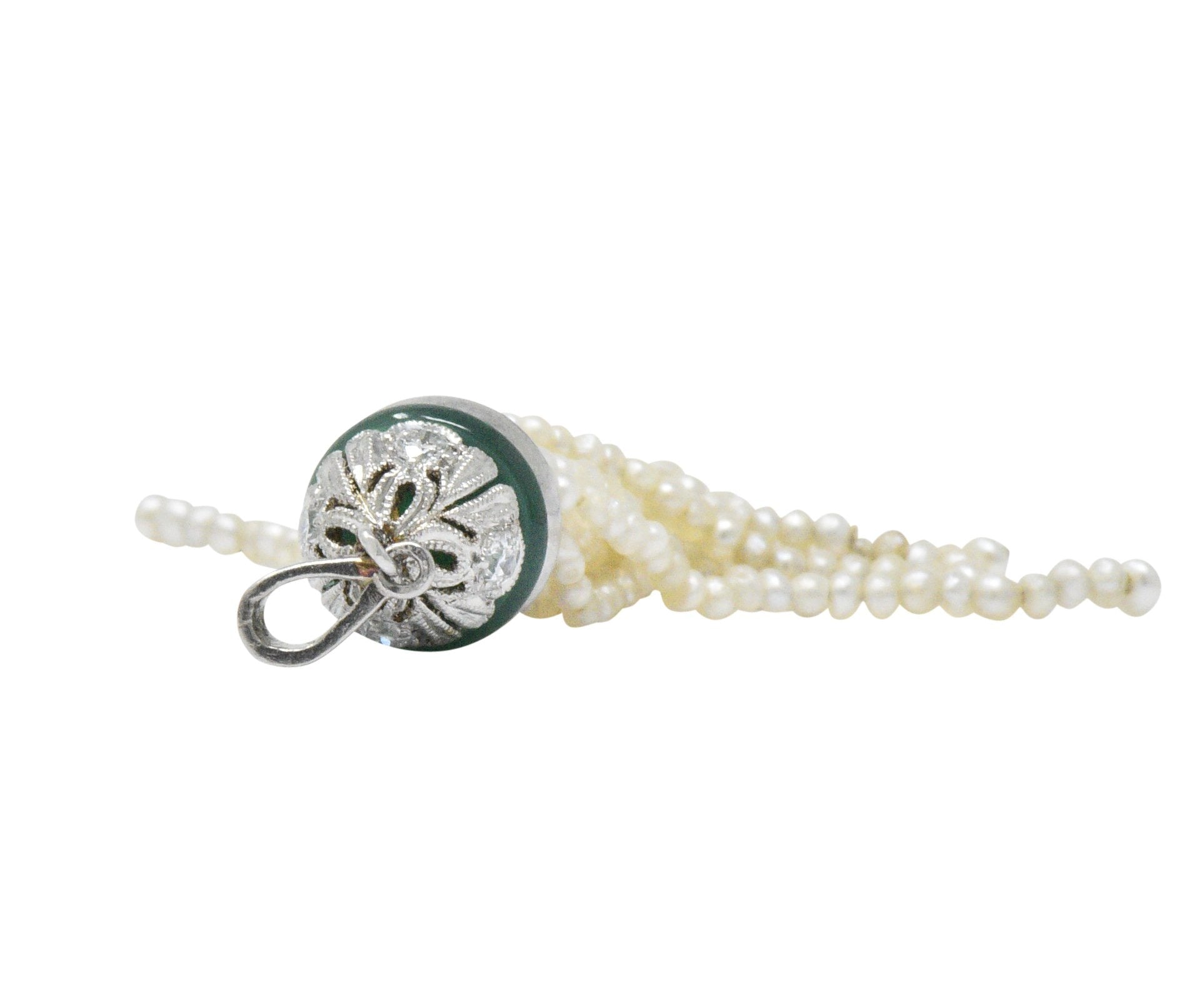 Edwardian Natural Seed Pearl Chalcedony Diamond Platinum Tassel Pendant Wilson's Estate Jewelry