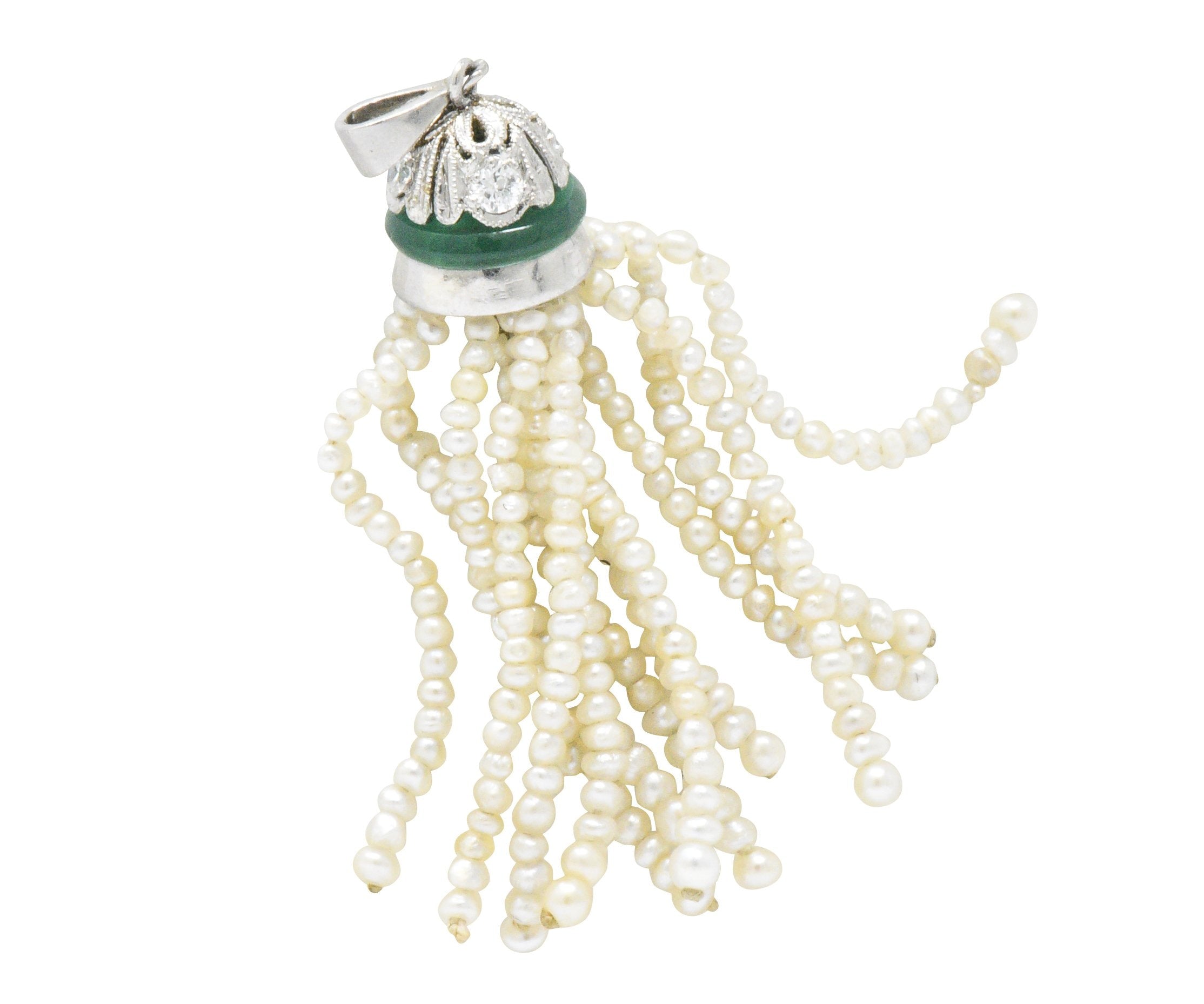 Edwardian Natural Seed Pearl Chalcedony Diamond Platinum Tassel Pendant Wilson's Estate Jewelry
