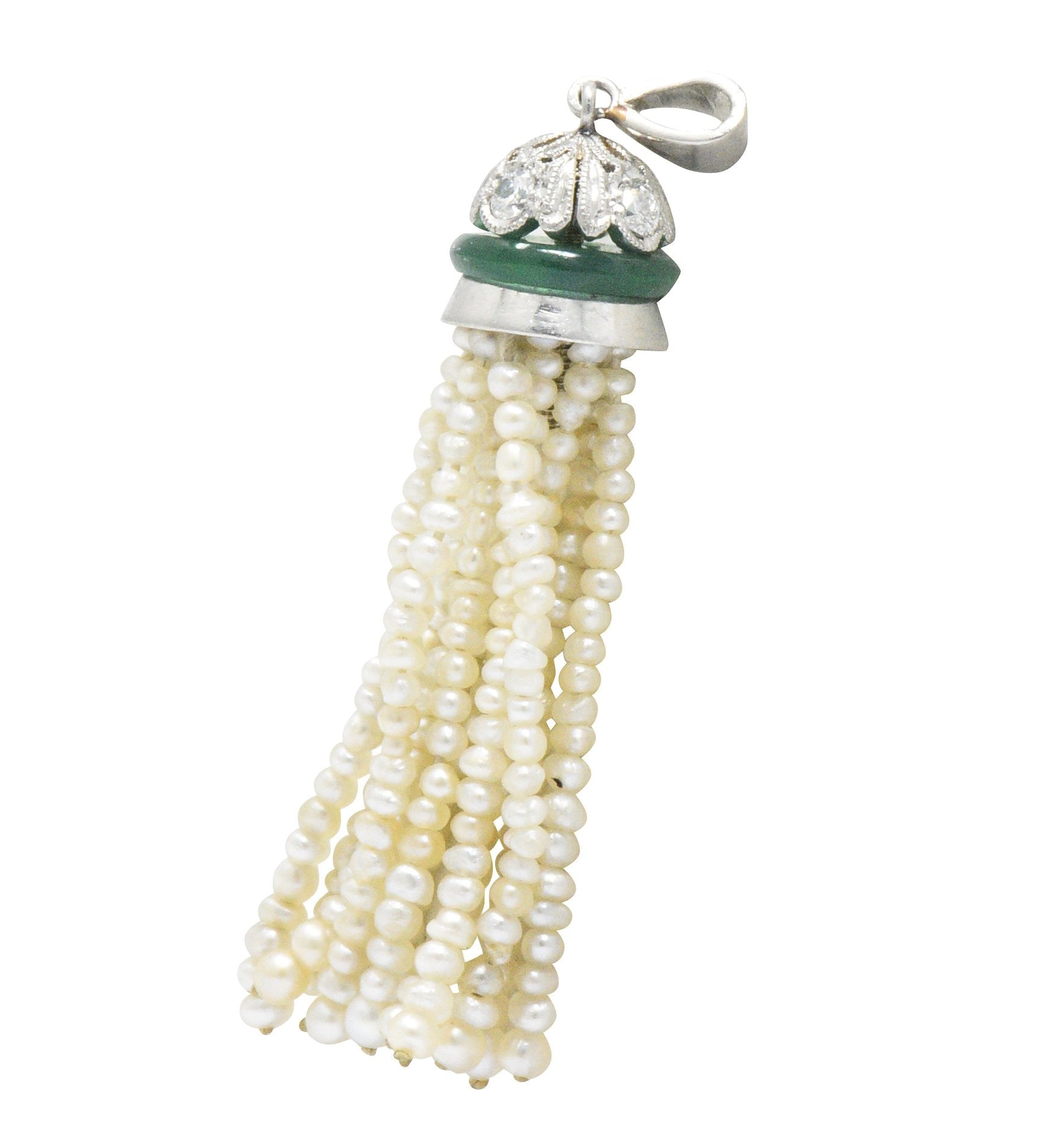 Edwardian Natural Seed Pearl Chalcedony Diamond Platinum Tassel Pendant Wilson's Estate Jewelry