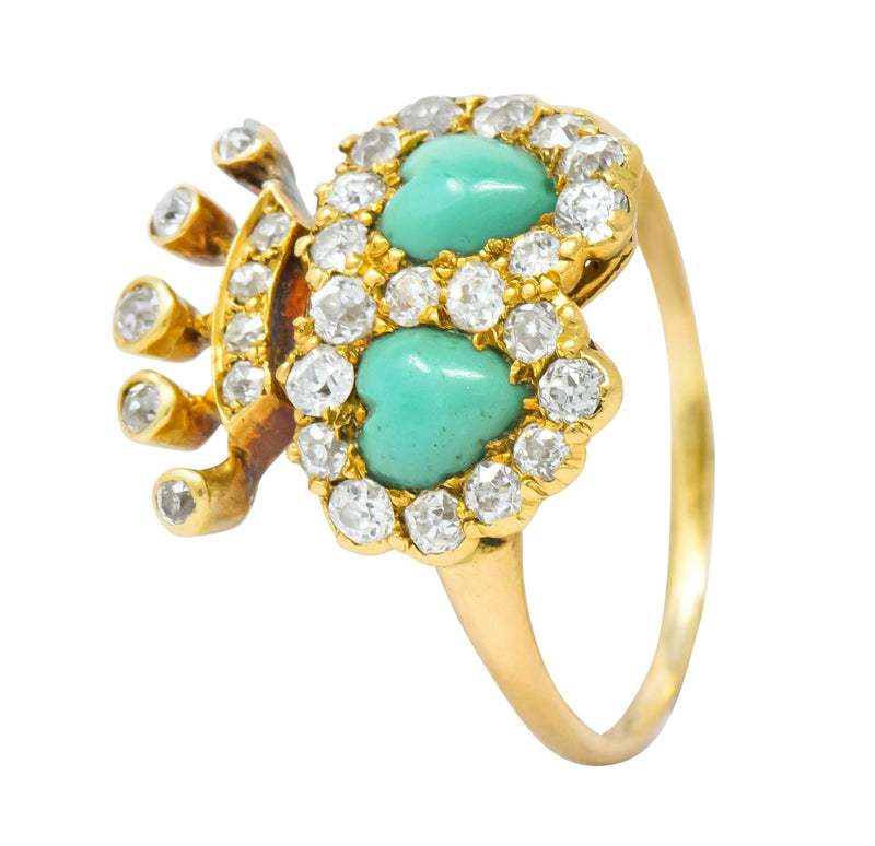 Edwardian Old European Diamond Turquoise 18 Karat Gold Double Heart Cluster Ring - Wilson's Estate Jewelry