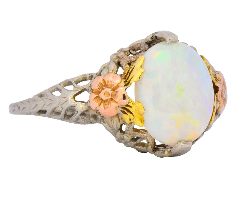 Edwardian Oval Cabochon Opal 14 Karat Tri-Colored Gold Ring - Wilson's Estate Jewelry