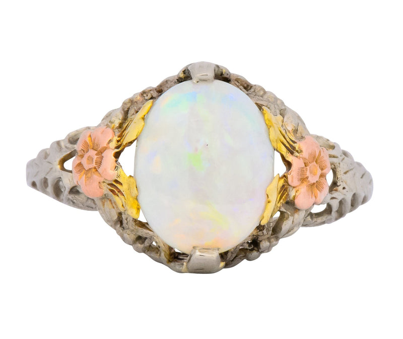 Edwardian Oval Cabochon Opal 14 Karat Tri-Colored Gold Ring - Wilson's Estate Jewelry