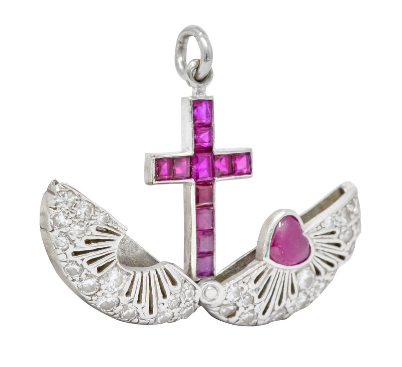 Edwardian Ruby Diamond Platinum Sacred Heart Cross Articulated Charm - Wilson's Estate Jewelry