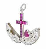 Edwardian Ruby Diamond Platinum Sacred Heart Cross Articulated Charm - Wilson's Estate Jewelry