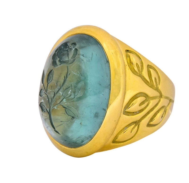 Elizabeth Gage British 1999 Vintage Aquamarine 18 Karat Gold Rose Ring - Wilson's Estate Jewelry