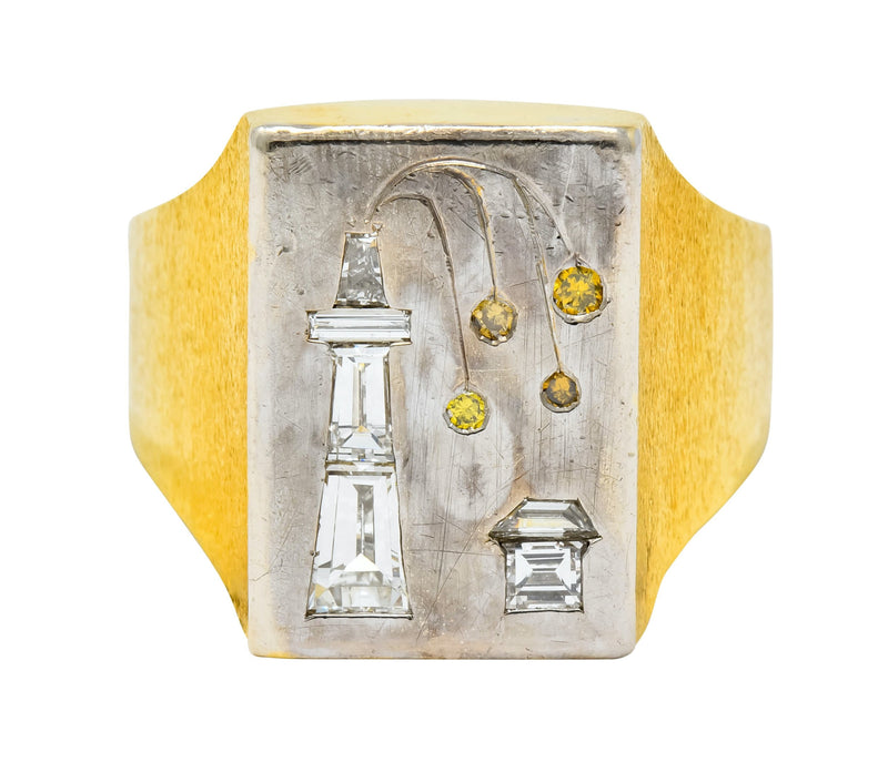 Fancy Colored Diamond Platinum 18 Karat Gold Unisex Oil Rig Signet Ring - Wilson's Estate Jewelry