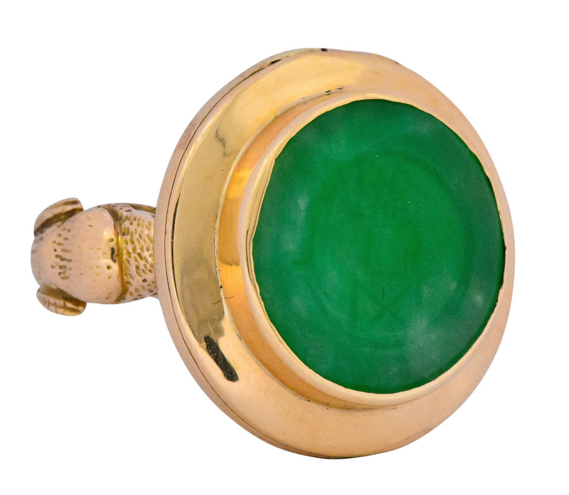 Fascinating Victorian Carved Jade 14 Karat Gold Poison Locket Ring - Wilson's Estate Jewelry