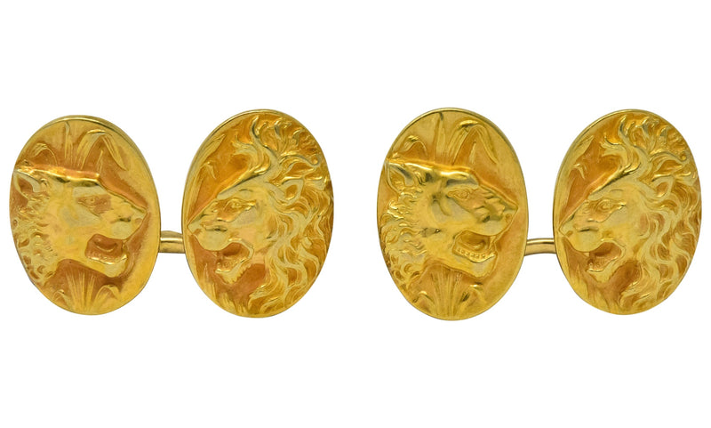 Fine Art Nouveau 14 Karat Gold Lion & Lioness Cufflinks - Wilson's Estate Jewelry