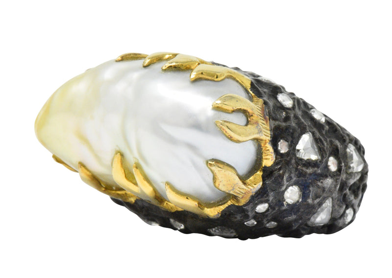 Fred Leighton 1.45 CTW Diamond Baroque Cultured Pearl Sterling Silver 18 Karat Gold Ring Wilson's Estate Jewelry