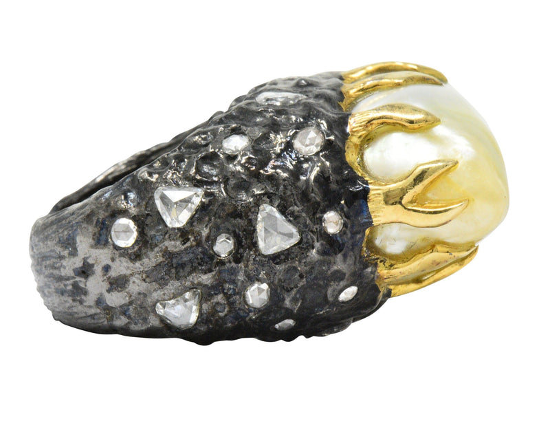 Fred Leighton 1.45 CTW Diamond Baroque Cultured Pearl Sterling Silver 18 Karat Gold Ring Wilson's Estate Jewelry