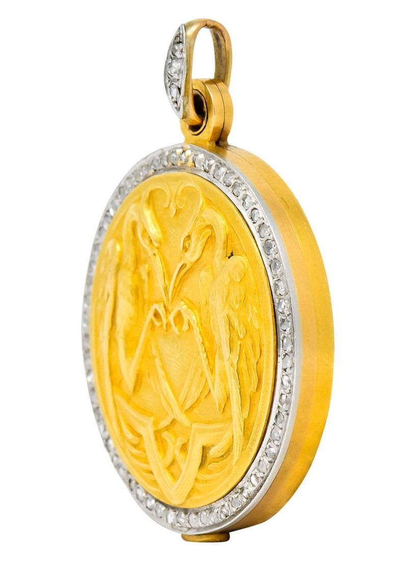 French Belle Epoque Diamond Platinum 18 Karat Gold Heron Compact Edwardian Pendant - Wilson's Estate Jewelry
