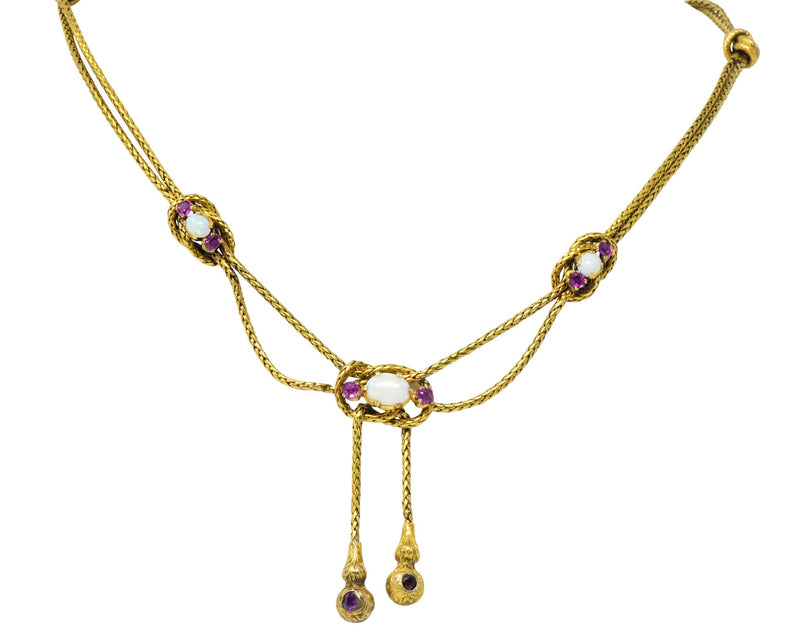 Georgian 1.20 CTW Pink Sapphire Opal 18 Karat Gold Negligee Rope Necklace Wilson's Estate Jewelry