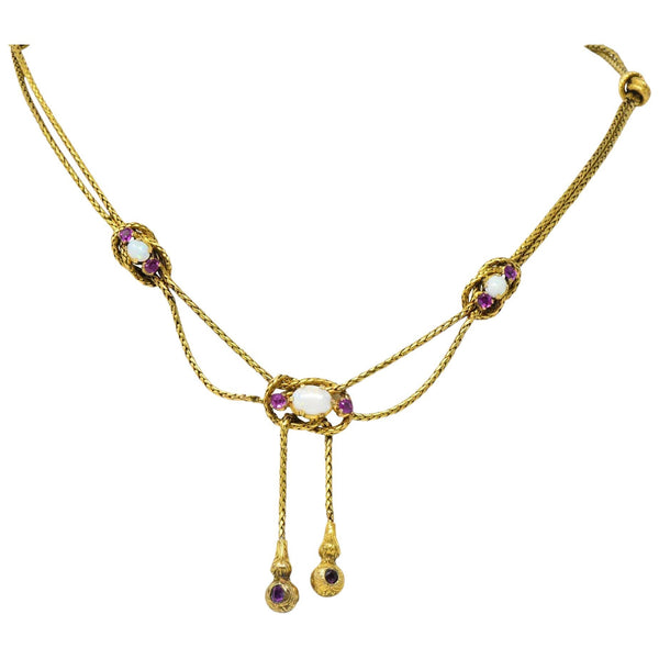 Georgian 1.20 CTW Pink Sapphire Opal 18 Karat Gold Negligee Rope Necklace Wilson's Estate Jewelry