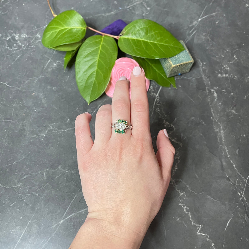 Cartier 1950's 1.76 CTW Diamond Emerald 18 Karat Two-Tone Bypass Ring GIA Wilson's Estate Jewelry