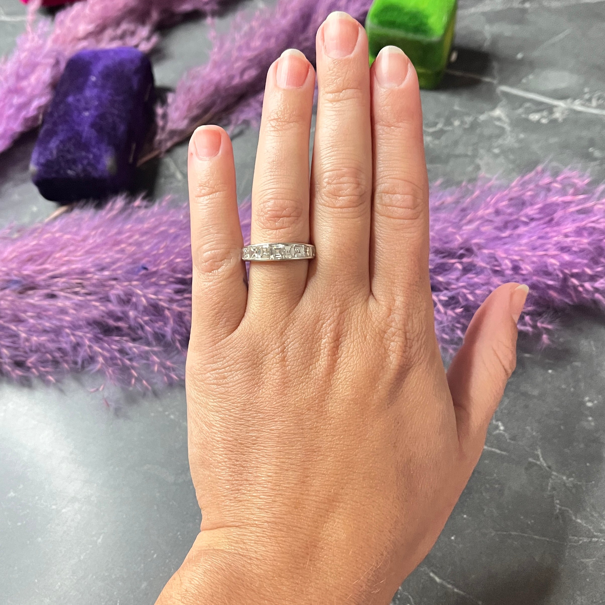 Mid-Century 1950's 1.95 CTW Square Step Cut Diamond Platinum Channel Band Vintage Ring Wilson's Estate Jewelry