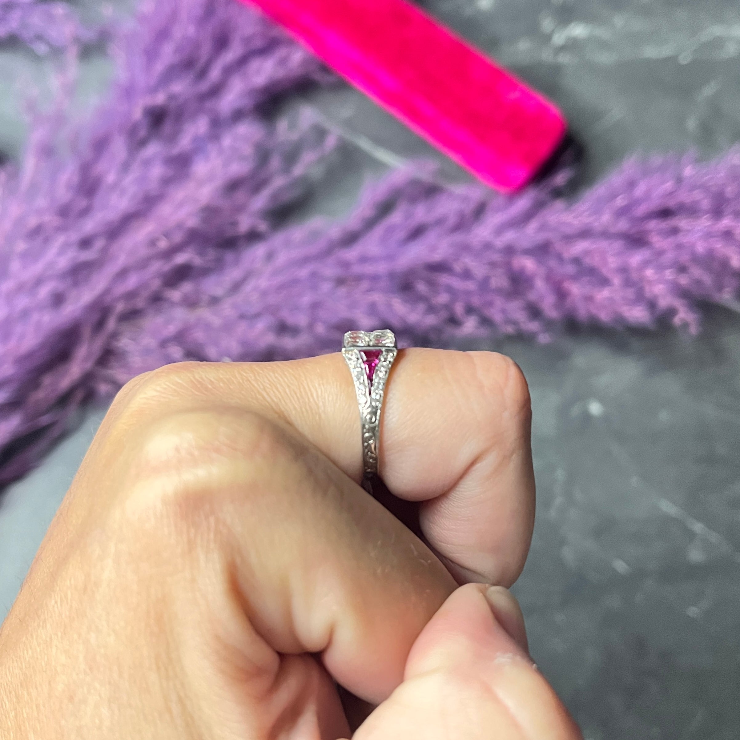 Art Deco 1.77 CTW French Cut Diamond Ruby Platinum Mystery Set Engagement Ring Wilson's Estate Jewelry