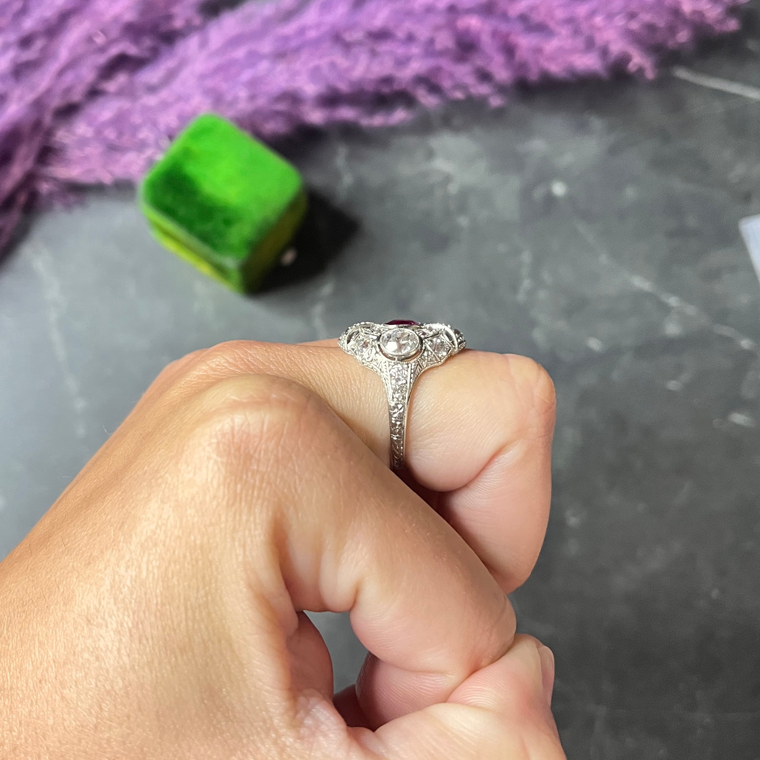 1930's Art Deco 3.18 CTW Ruby Diamond Platinum Dinner Ring Wilson's Estate Jewelry