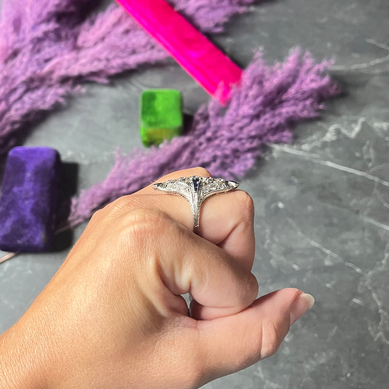 1930's Art Deco Sapphire Diamond Platinum Navette Dinner Ring Wilson's Estate Jewelry