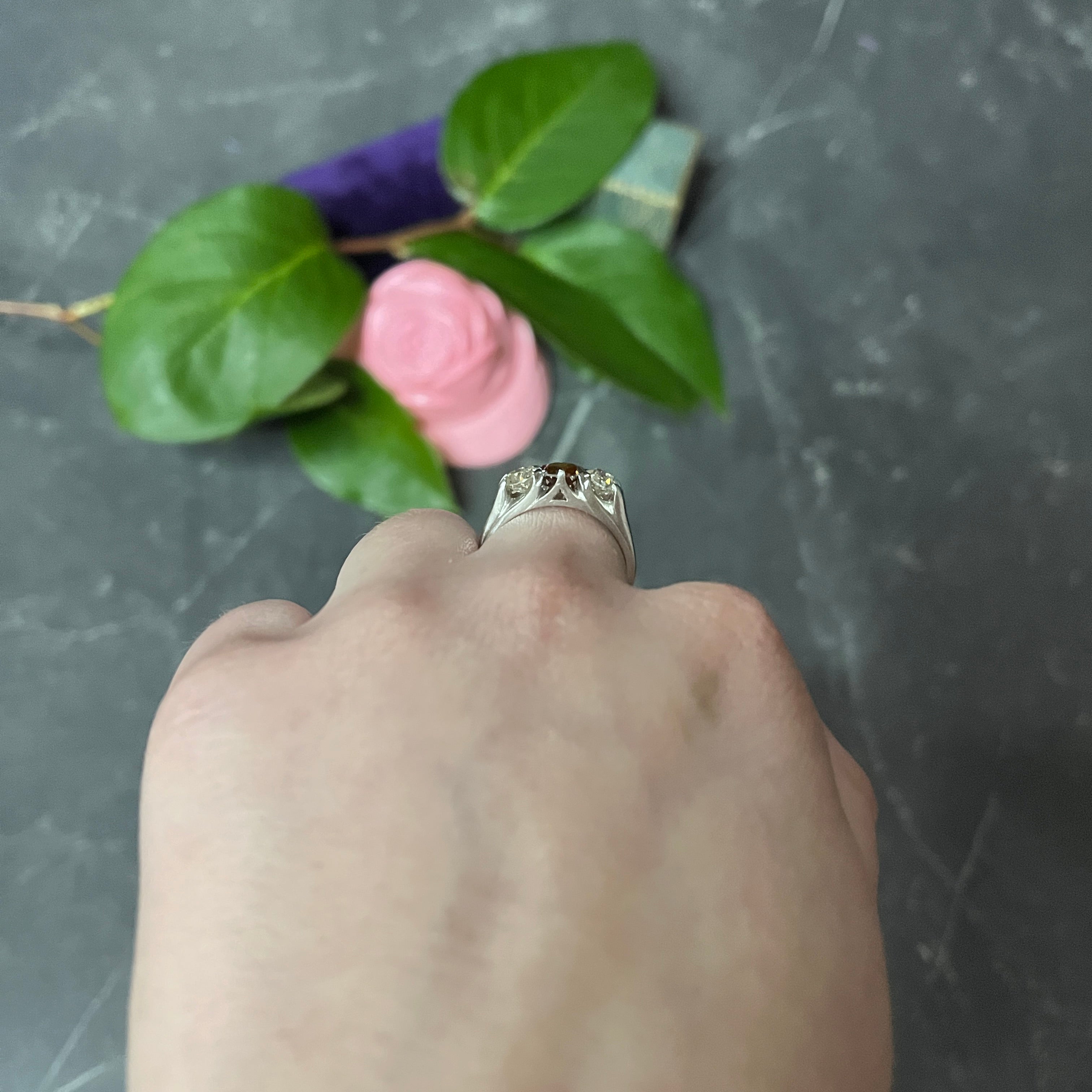 Vintage 2.06 CTW Diamond & Fancy Colored Diamond Platinum Three Stone Ring GIA Wilson's Estate Jewelry