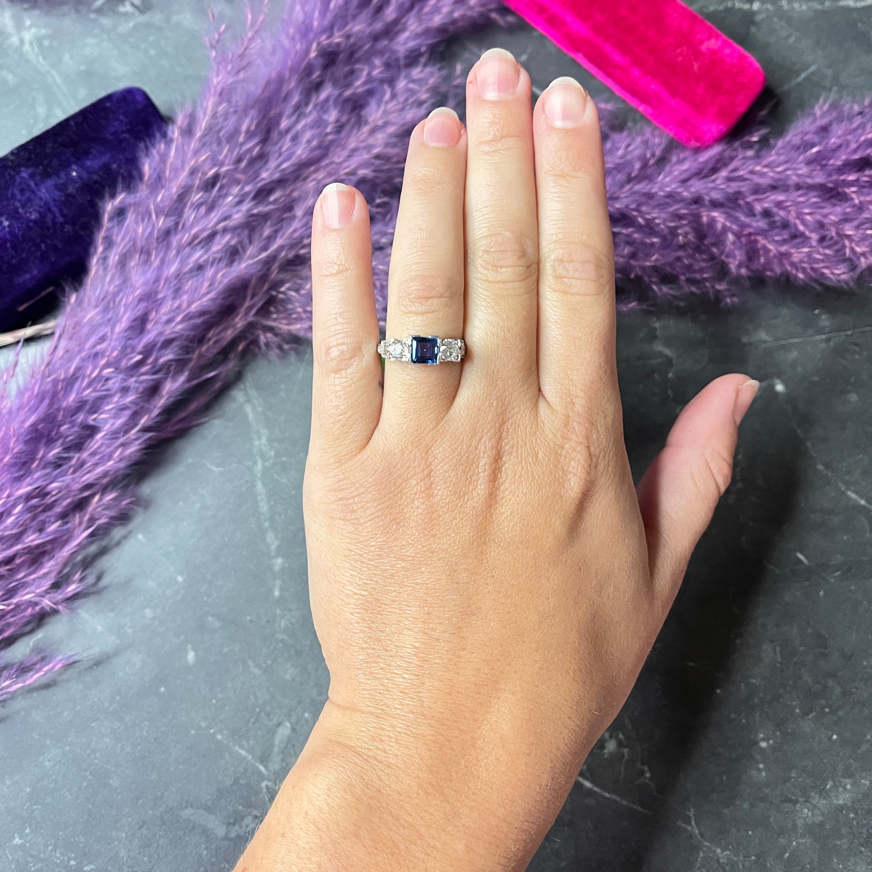 Art Deco 2.15 CTW Sapphire Diamond Platinum Five Stone Engagement Ring Wilson's Estate Jewelry