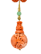 Intricate Victorian Carved Coral Jade Seed Pearl Silk Dragon Drop Necklace - Wilson's Estate Jewelry