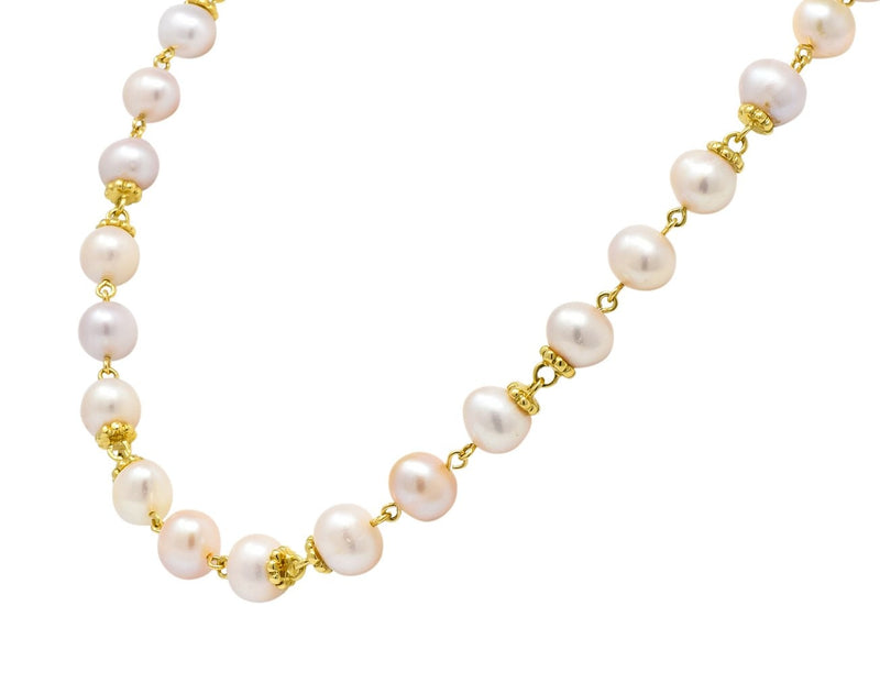 Italian Cultured Pearl 18 Karat Yellow Gold Station Necklace - Wilson's Estate Jewelry