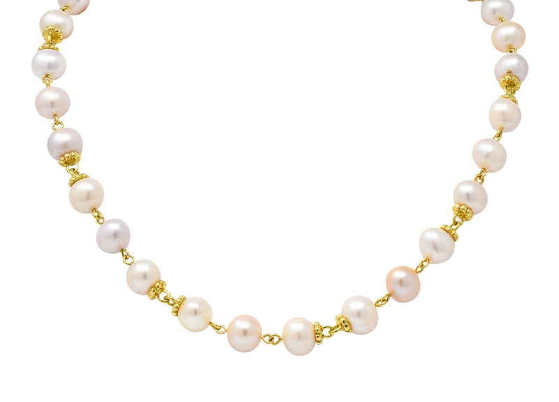 Italian Cultured Pearl 18 Karat Yellow Gold Station Necklace - Wilson's Estate Jewelry