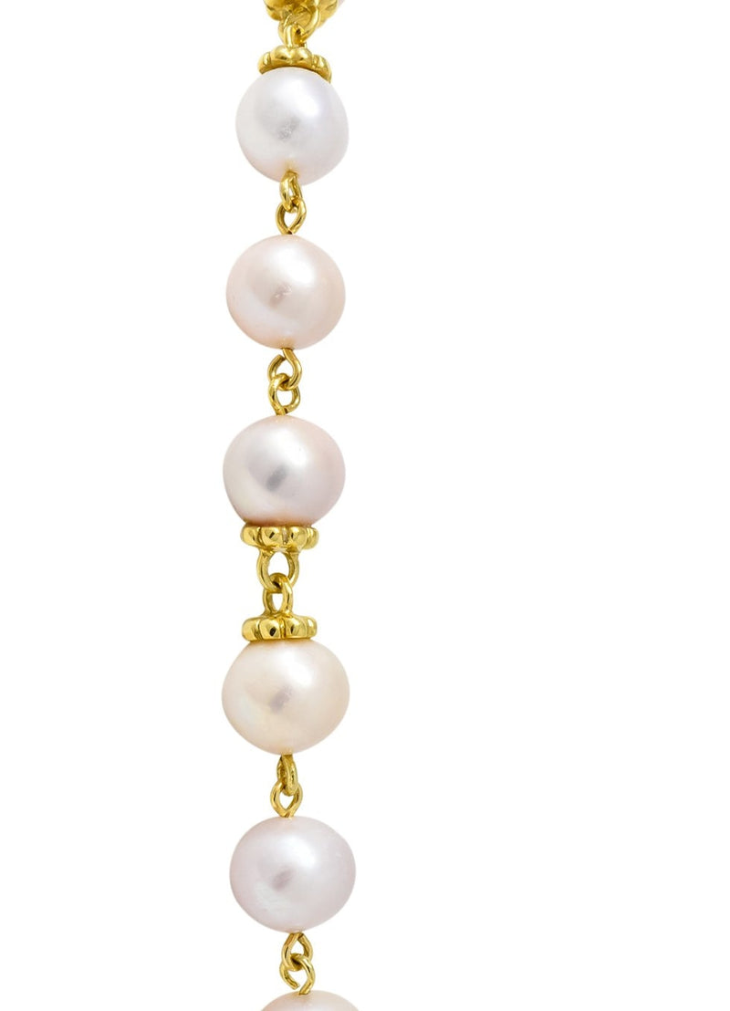 Italian Cultured Pearl 18 Karat Yellow Gold Station Necklace - Wilson's Estate Jewelry