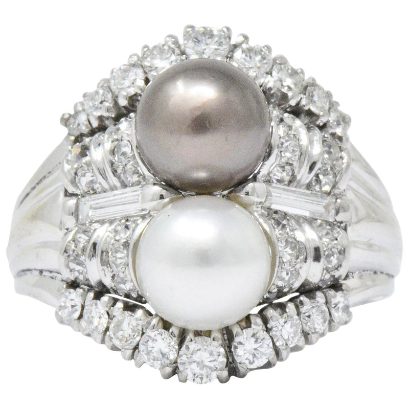Koch 1950's 1.10 CTW Diamond Cultured Pearl 18 Karat White Gold Ring Wilson's Estate Jewelry