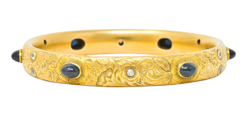 Kohn 1890's Victorian Diamond Sapphire 14 Karat Gold Floral Bangle Bracelet - Wilson's Estate Jewelry