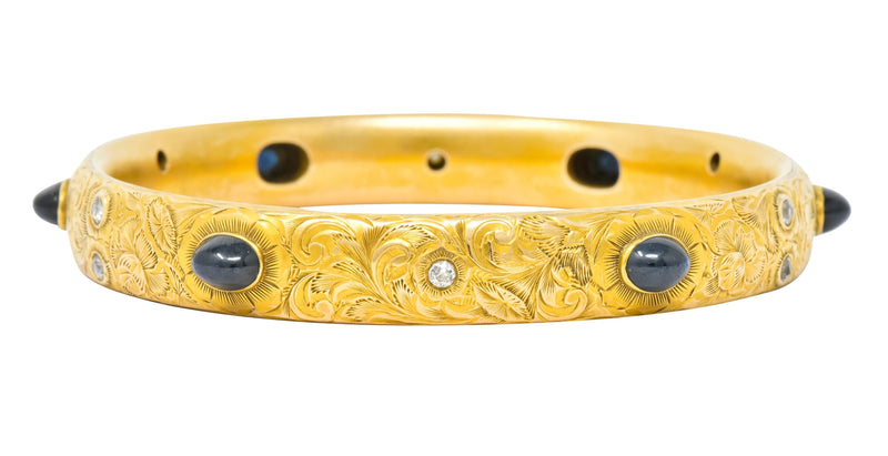 Kohn 1890's Victorian Diamond Sapphire 14 Karat Gold Floral Bangle Bracelet - Wilson's Estate Jewelry