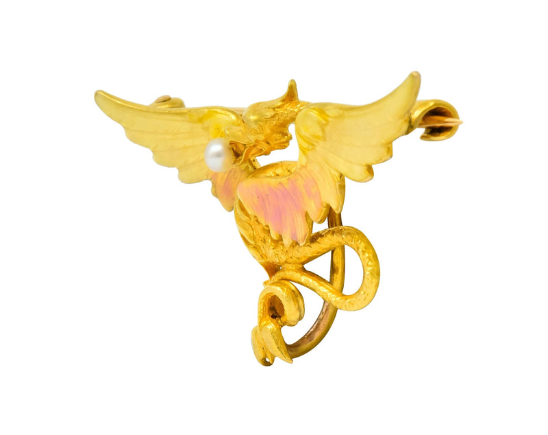 Krementz Art Nouveau 14 Karat Gold Enamel Dragon Watch Pin Brooch - Wilson's Estate Jewelry