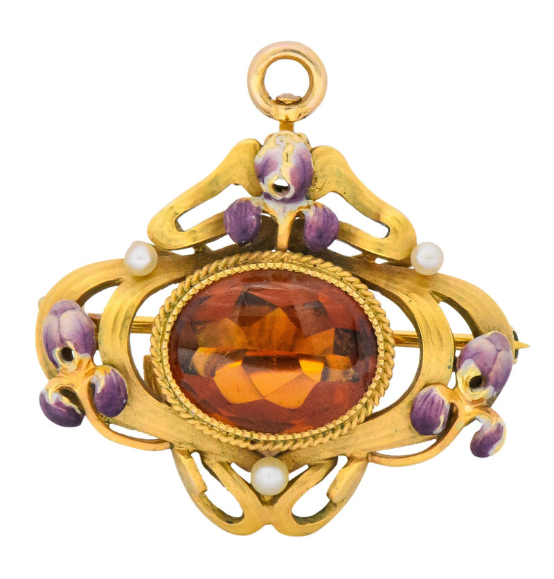Krementz Art Nouveau Citrine Enamel Pearl 14 Karat Gold Pendant/Brooch Wilson's Estate Jewelry