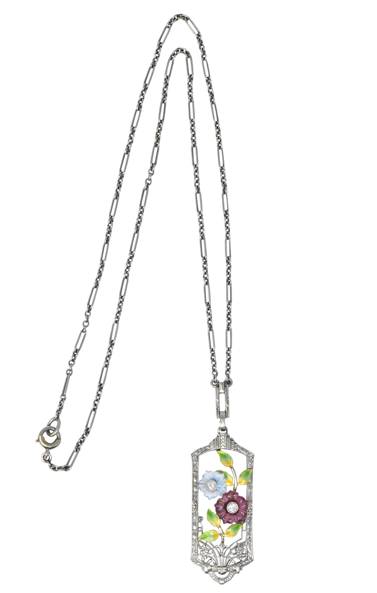 Krementz Art Nouveau Diamond Garnet Rock Crystal Enamel 14 Karat White Gold Pendant Necklace - Wilson's Estate Jewelry