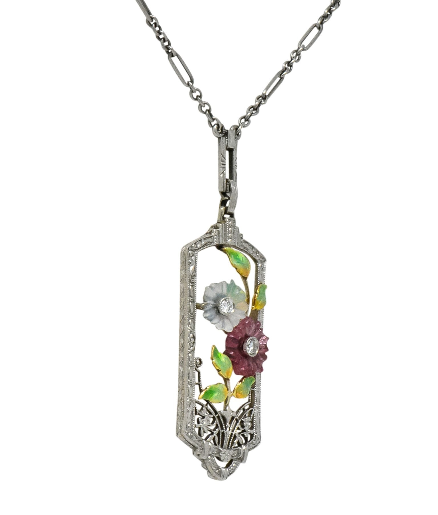 Krementz Art Nouveau Diamond Garnet Rock Crystal Enamel 14 Karat White Gold Pendant Necklace - Wilson's Estate Jewelry