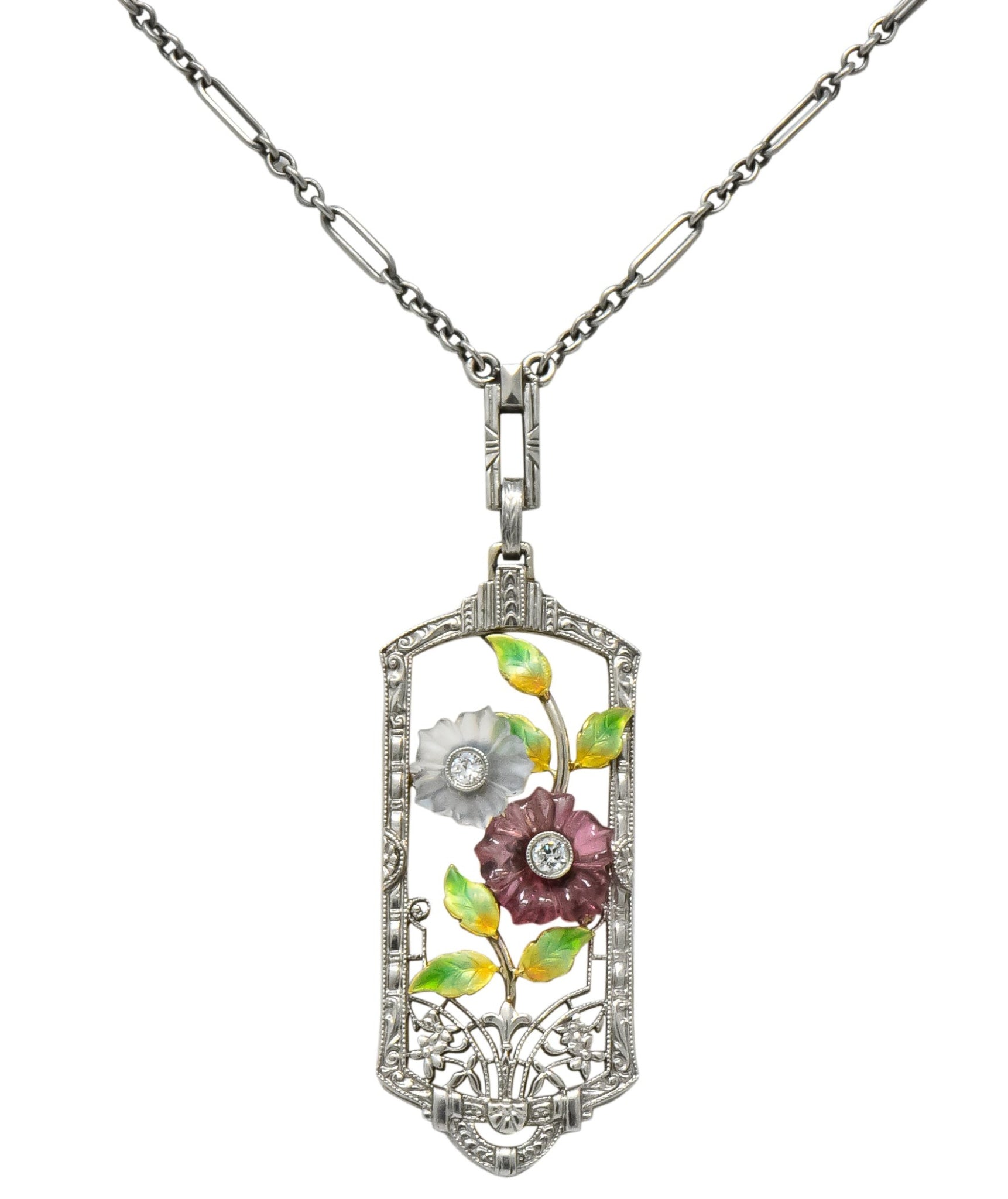 Krementz Art Nouveau Diamond Garnet Rock Crystal Enamel 14 Karat White Gold Pendant Necklace - Wilson's Estate Jewelry