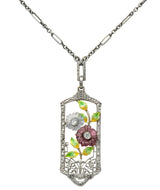 Krementz Art Nouveau Diamond Garnet Rock Crystal Enamel 14 Karat White Gold Pendant Necklace - Wilson's Estate Jewelry