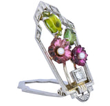 Krementz Art Nouveau Diamond Garnet Tourmaline Pearl 14 Karat White Gold Clip Pins - Wilson's Estate Jewelry