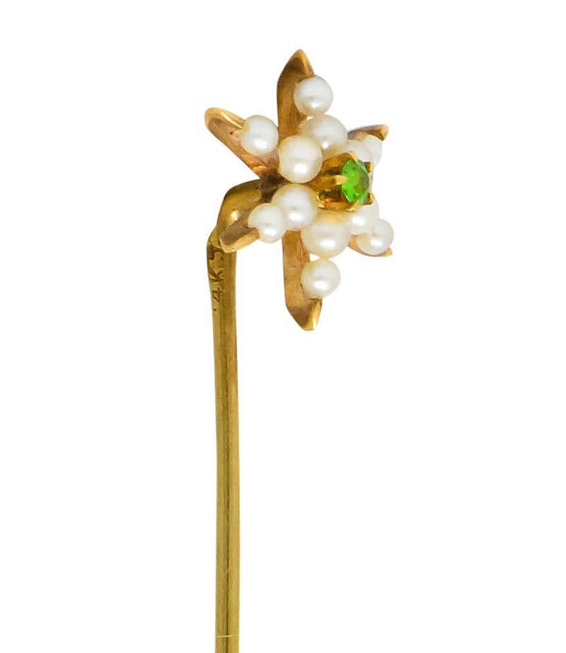Krementz Art Nouveau Pearl Demantoid Garnet 14 Karat Gold Star Stickpin - Wilson's Estate Jewelry