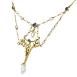 Krementz Art Nouveau Sapphire Enamel Pearl 14 Karat Gold Swag Necklace Wilson's Estate Jewelry