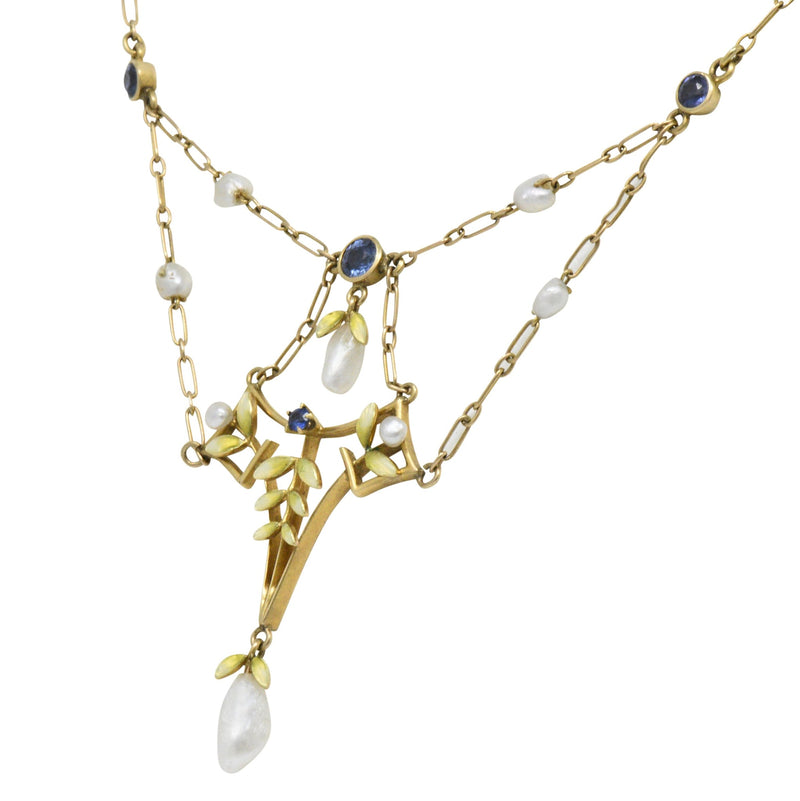 Krementz Art Nouveau Sapphire Enamel Pearl 14 Karat Gold Swag Necklace Wilson's Estate Jewelry