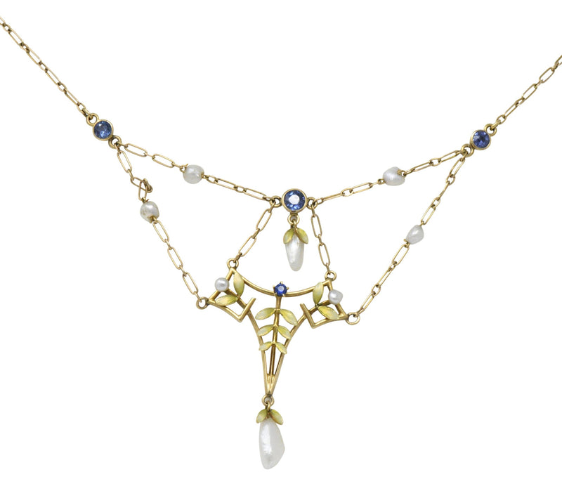 Krementz Art Nouveau Sapphire Enamel Pearl 14 Karat Gold Swag Necklace Wilson's Estate Jewelry