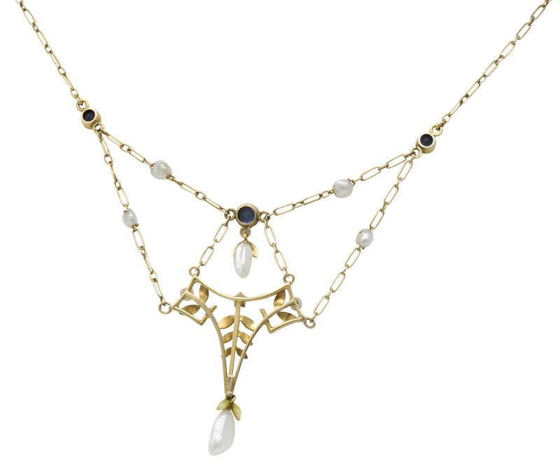 Krementz Art Nouveau Sapphire Enamel Pearl 14 Karat Gold Swag Necklace Wilson's Estate Jewelry
