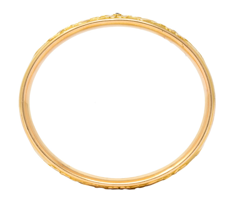 Krementz Diamond Sapphire 14 Karat Gold Engraved Floral Bangle Bracelet - Wilson's Estate Jewelry