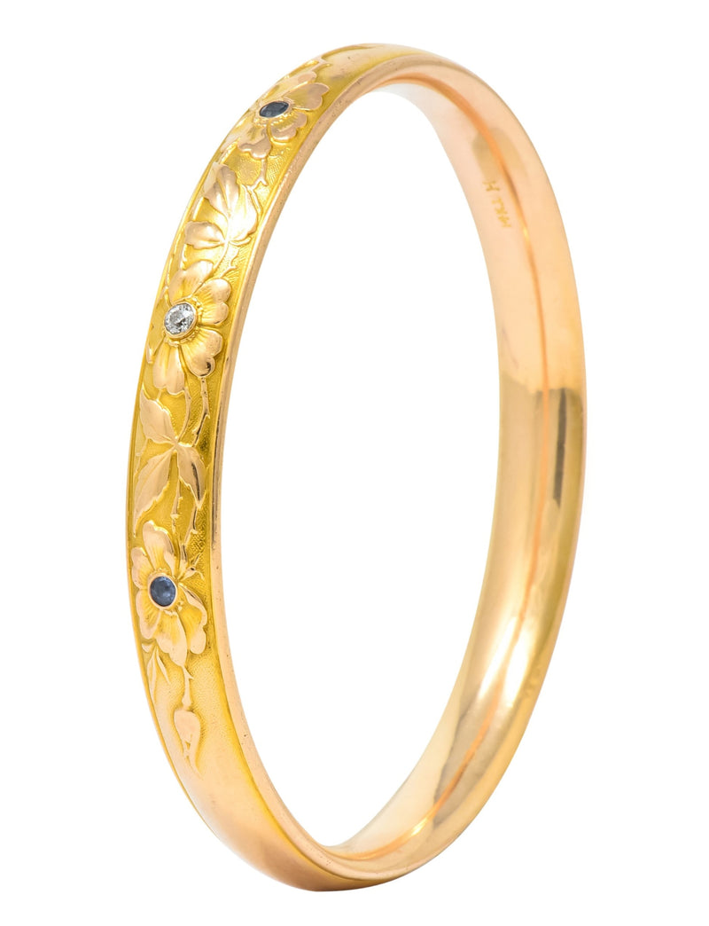 Krementz Diamond Sapphire 14 Karat Gold Engraved Floral Bangle Bracelet - Wilson's Estate Jewelry