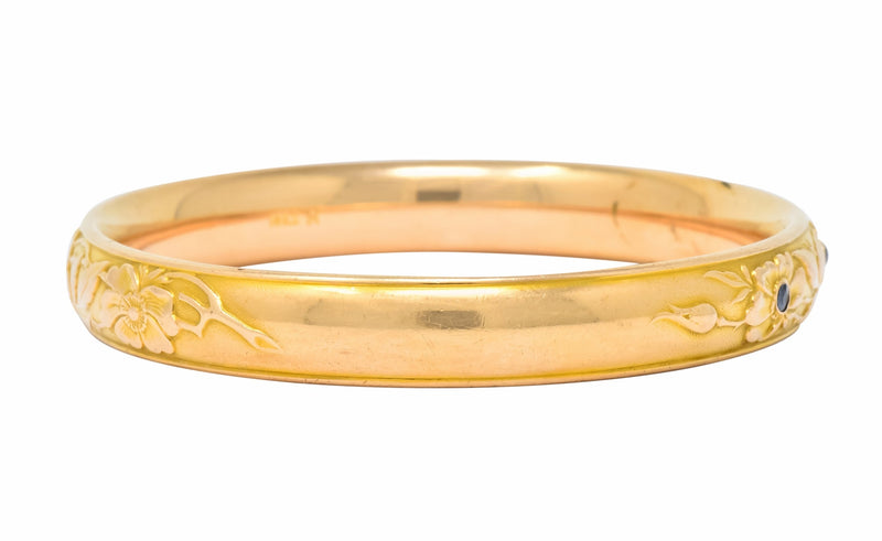 Krementz Diamond Sapphire 14 Karat Gold Engraved Floral Bangle Bracelet - Wilson's Estate Jewelry