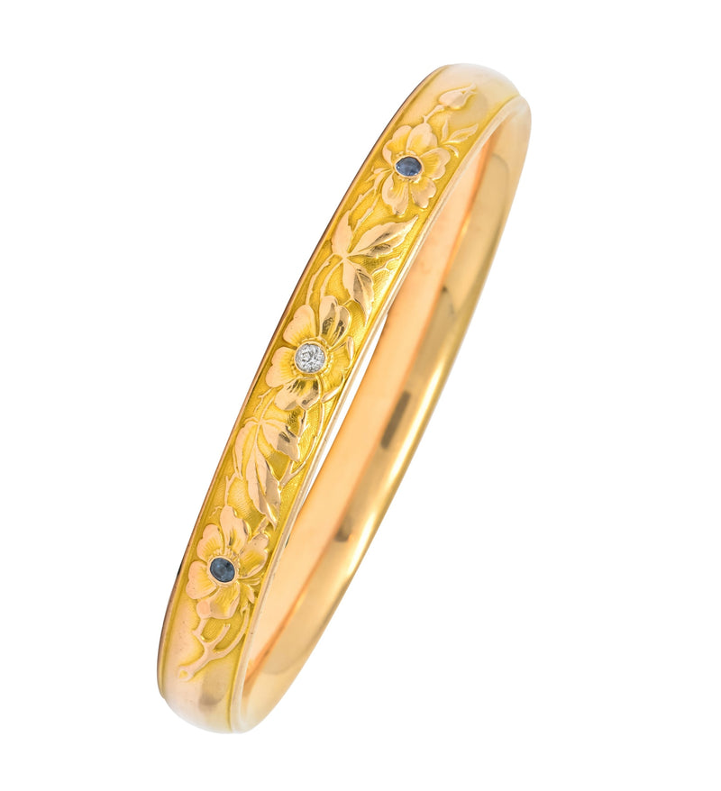 Krementz Diamond Sapphire 14 Karat Gold Engraved Floral Bangle Bracelet - Wilson's Estate Jewelry